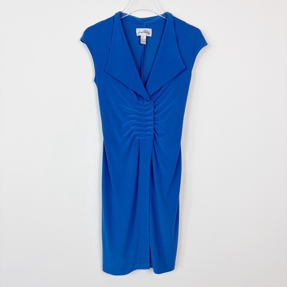 JOSEPH RIBKOFF Lapel Collar Faux Wrap Stretch Lined Sheath Dress Women's 6 BLUE